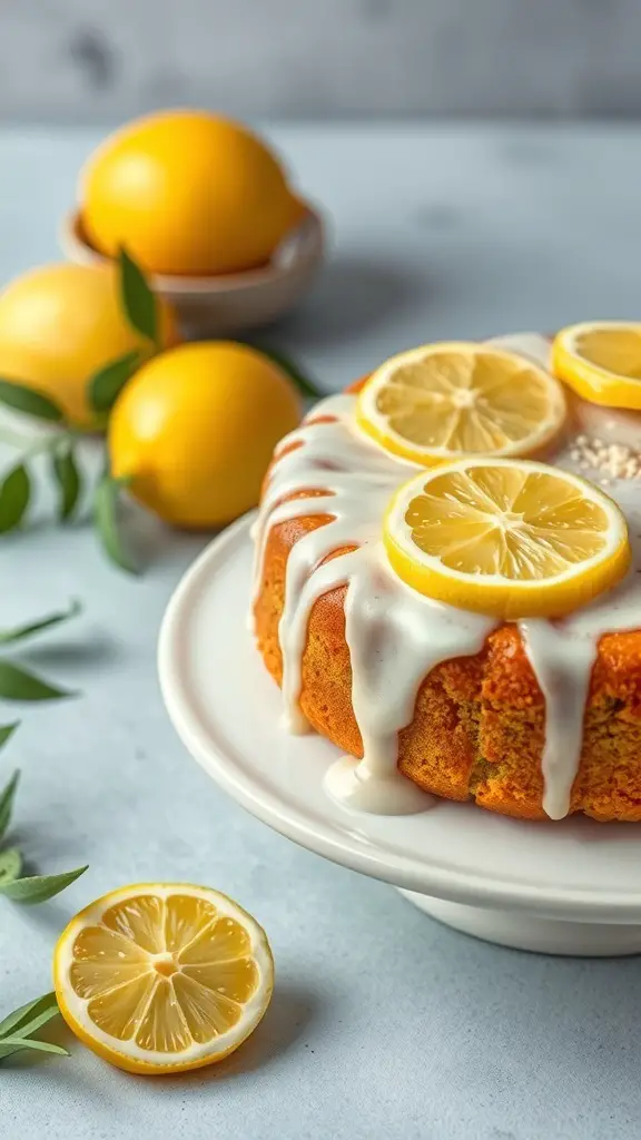 A beautifully decorated lemon almond cake with lemon slices on top, surrounded by fresh lemons.