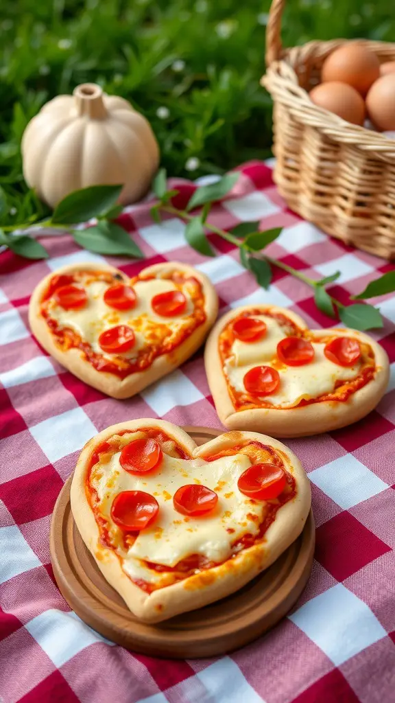 Mini heart-shaped pizzas with cheese and pepperoni on a picnic blanket