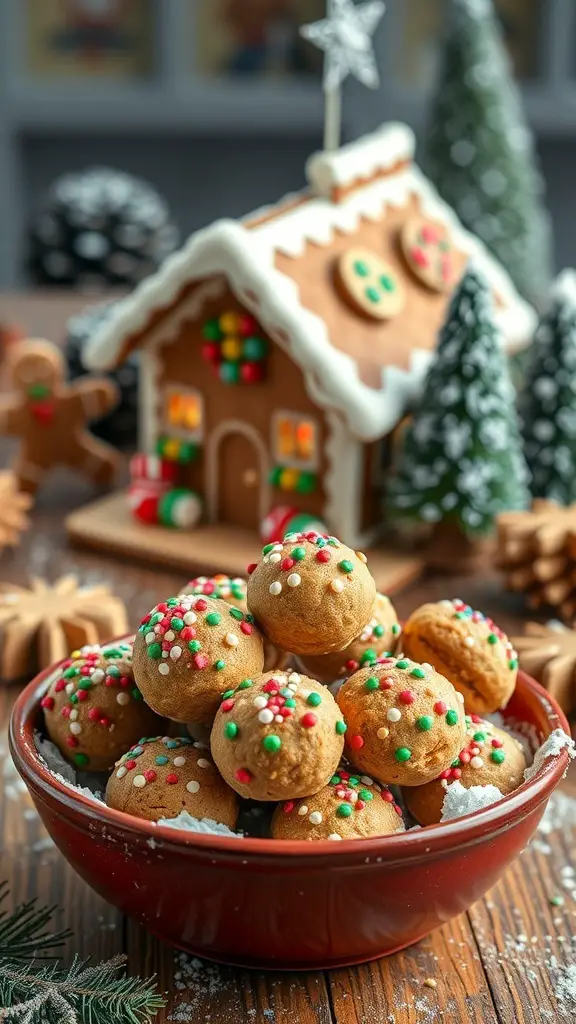 A bowl of No-Bake Gingerbread Cookie Truffles decorated with colorful sprinkles, with a gingerbread house in the background.