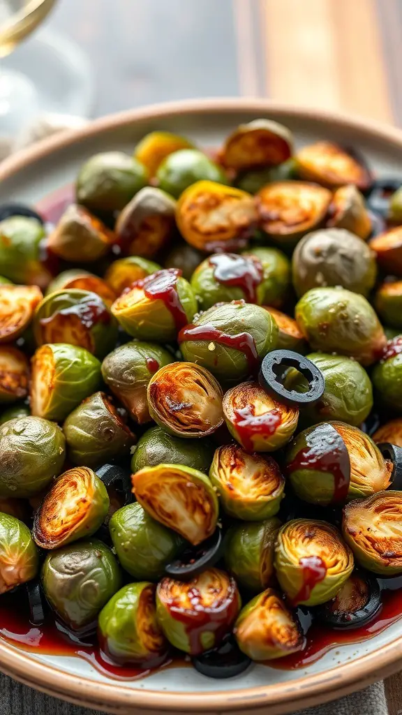A plate of crispy Brussels sprouts garnished with black olives.