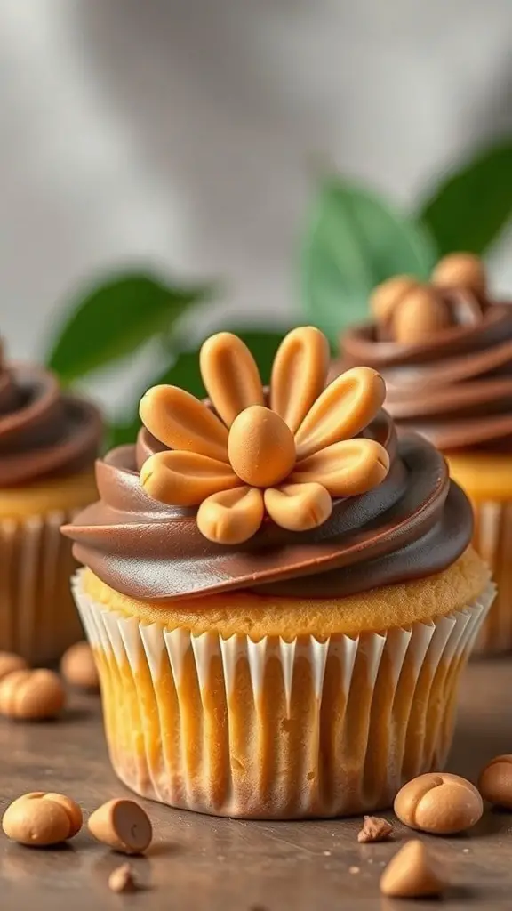 Peanut Butter Blossom Cupcakes with chocolate frosting and peanut butter candies on top.
