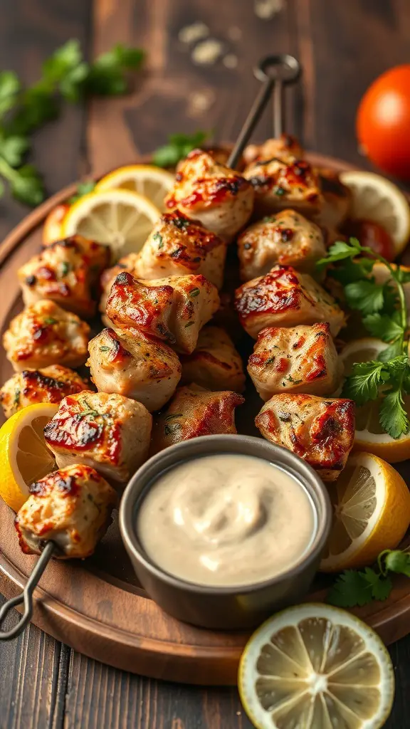 Grilled chicken skewers with lemon and herbs served on a wooden platter