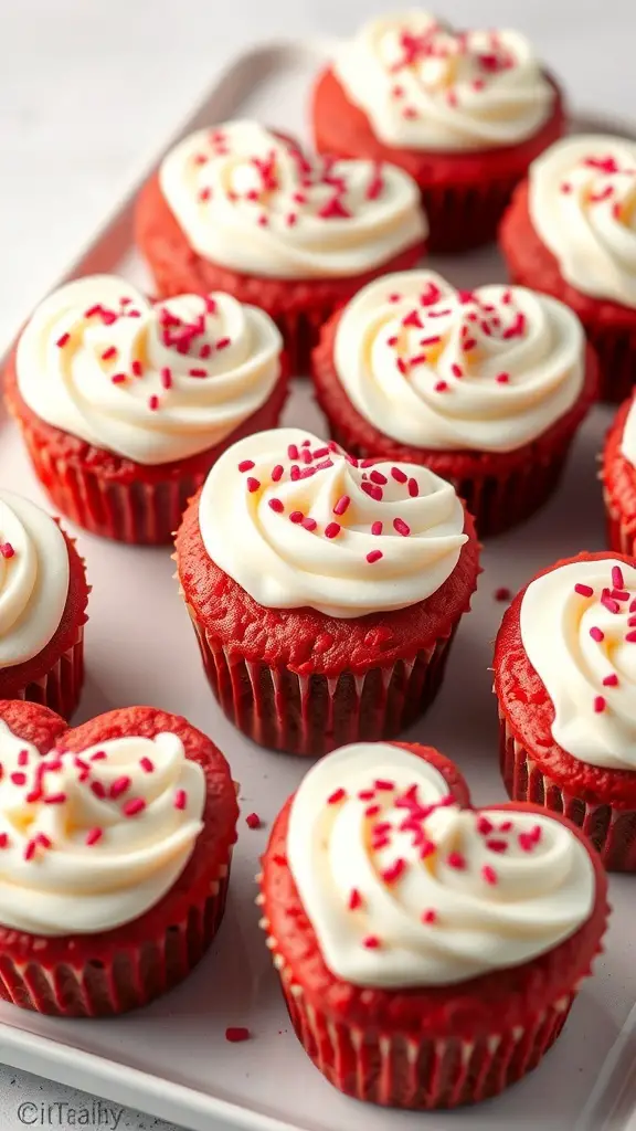 Red velvet heart-shaped cupcakes topped with cream cheese frosting and sprinkles
