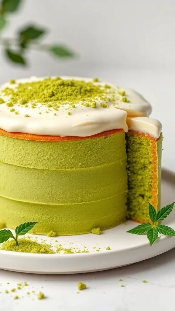 A beautifully layered matcha green tea cake with a creamy frosting and matcha powder on top, showcasing a slice taken out.
