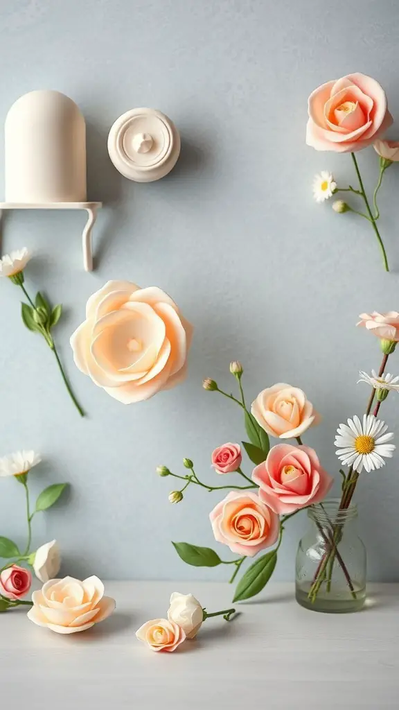 A collection of fondant flowers in various colors, including roses and daisies, displayed on a light background.