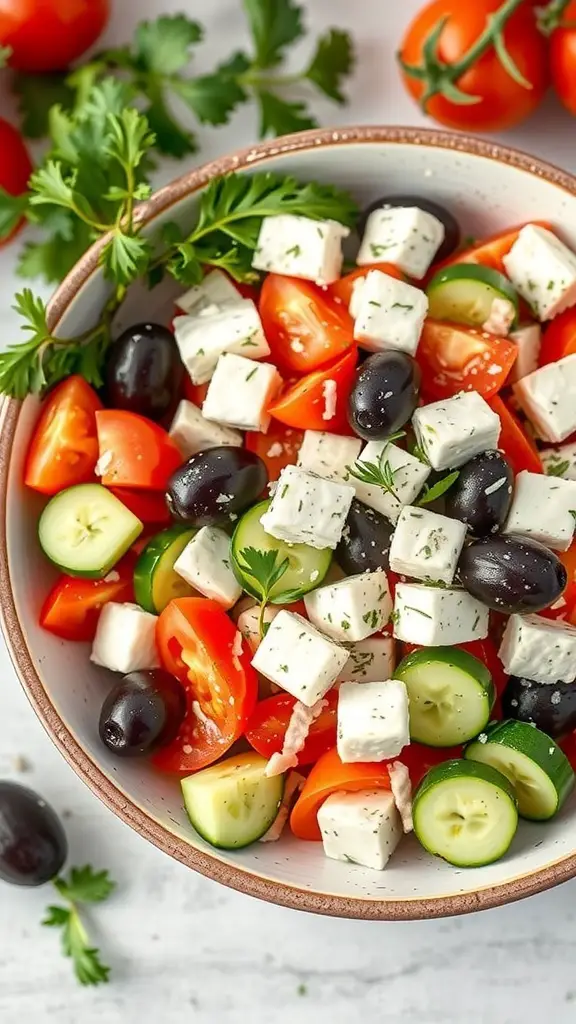 A colorful Greek salad with feta cheese, tomatoes, cucumbers, and olives in a bowl.