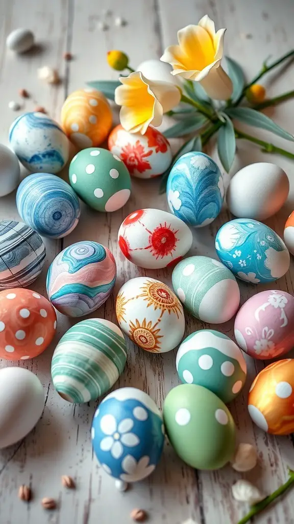 A colorful collection of decorated Easter eggs with various patterns and designs.