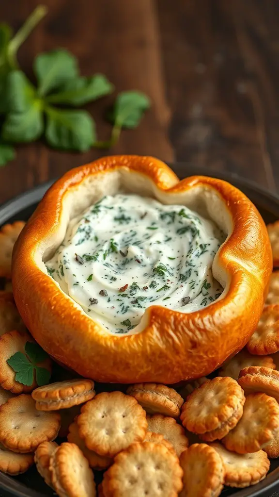 A shamrock-shaped bread bowl filled with spinach dip, surrounded by crackers.