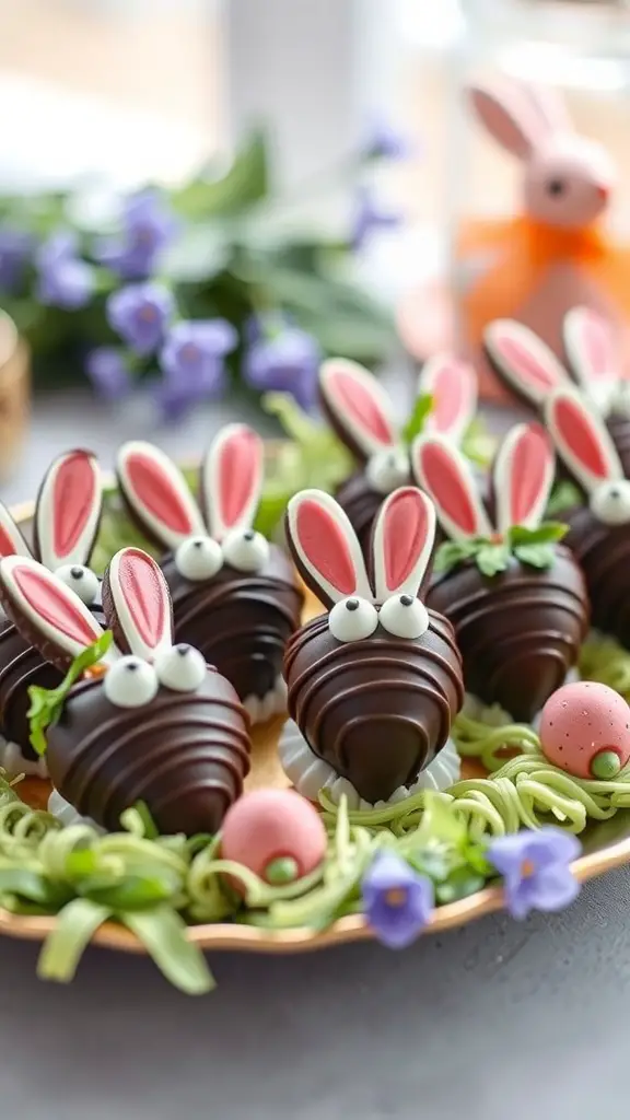 A plate of chocolate-covered strawberries shaped like bunnies, decorated with candy ears and eyes, surrounded by colorful decorations.