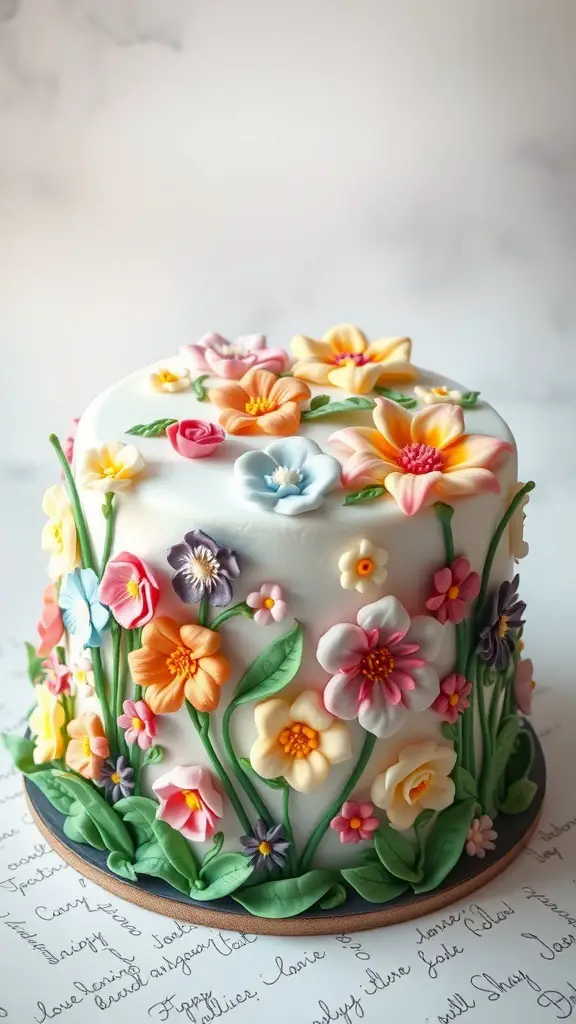 A beautifully decorated cake with colorful fondant flowers on top.