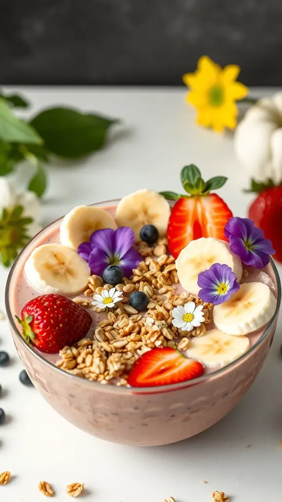A colorful Strawberry Banana Smoothie Bowl topped with sliced bananas, strawberries, granola, and edible flowers.