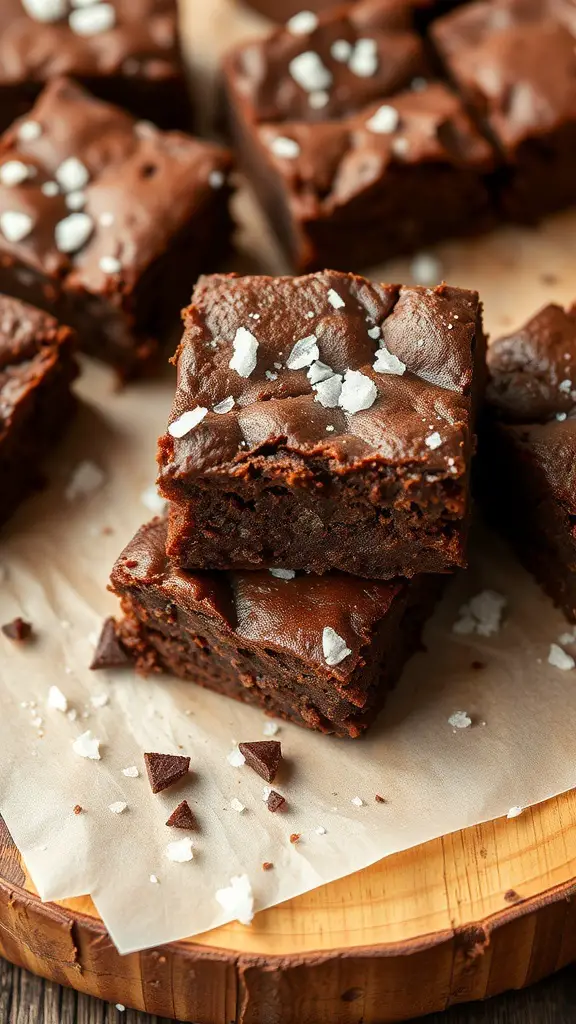 A stack of coconut flour brownies topped with sea salt, placed on a wooden board.