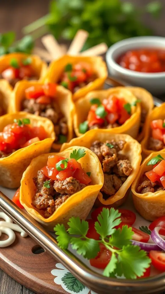 Mini taco cups filled with seasoned meat and topped with fresh salsa, served on a platter.