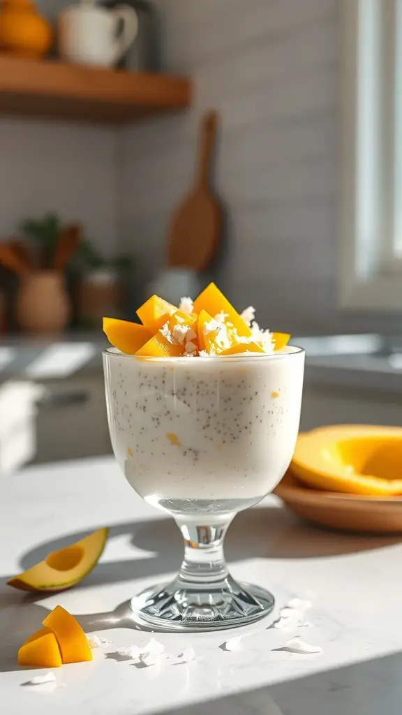 A glass of mango coconut chia pudding topped with mango chunks and coconut flakes, with a bright kitchen background.