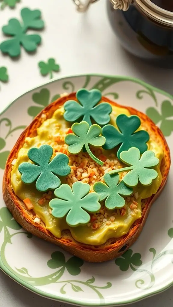 A slice of avocado toast topped with shamrock cutouts on a decorative plate.