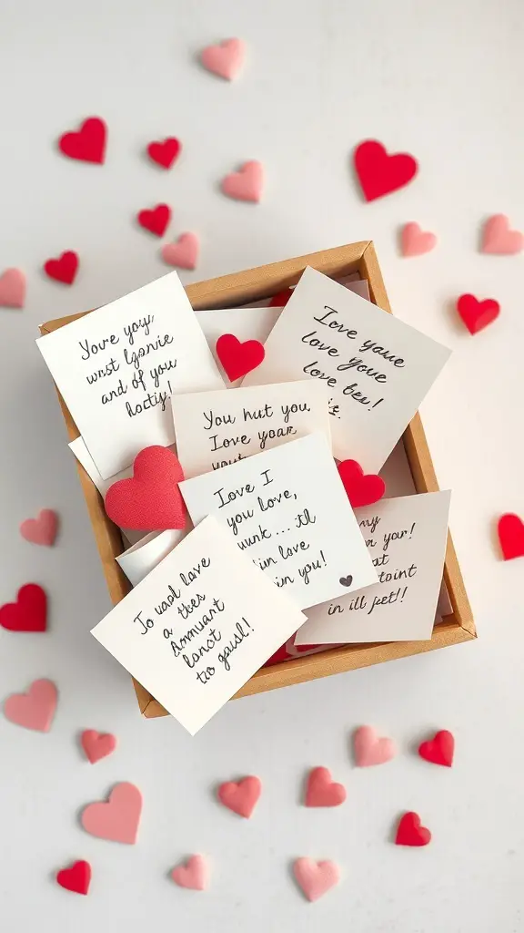 A wooden box filled with handwritten love notes and small heart decorations.
