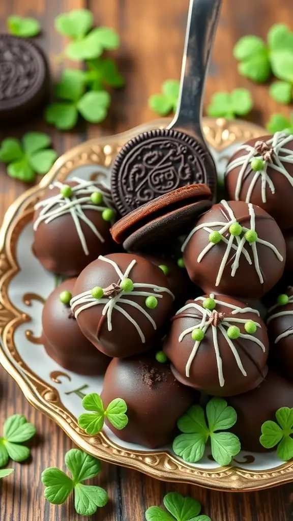 A plate of Chocolate Mint Oreo Truffles decorated with green accents for St. Patrick's Day.