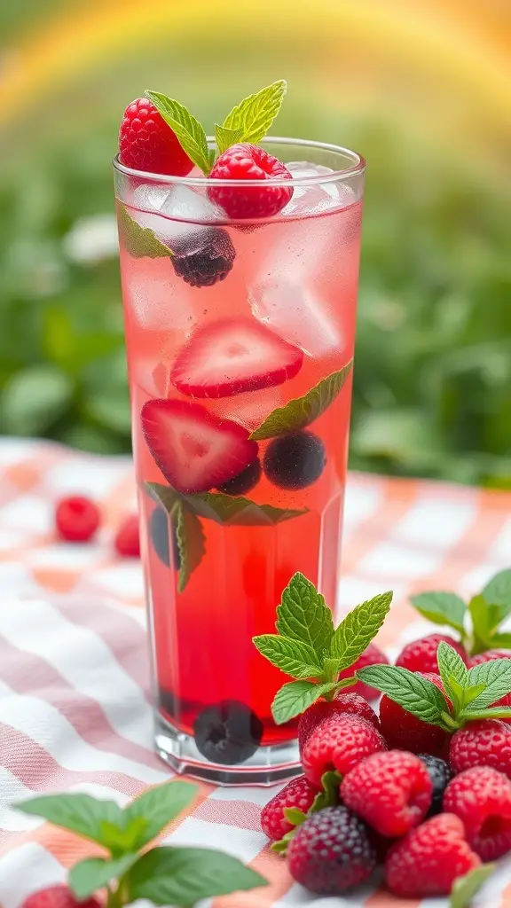 A tall glass of Berry Hibiscus Iced Tea garnished with fresh berries and mint on a picnic blanket.