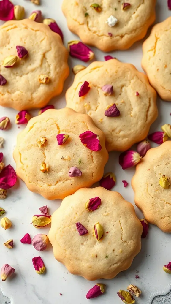 A close-up of Rosewater Pistachio Cookies decorated with rose petals.