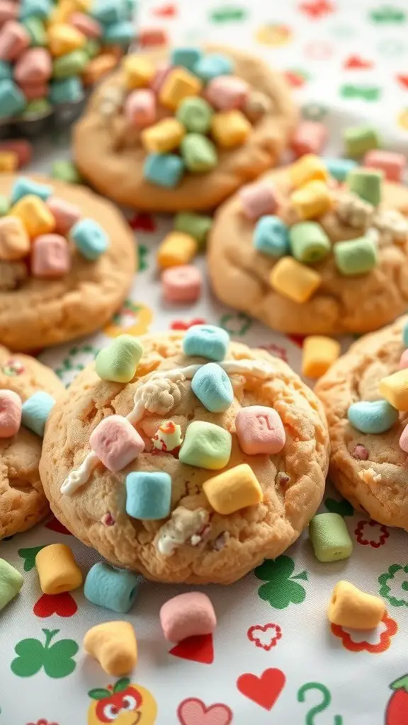 A close-up of Lucky Charms Marshmallow Cookies with colorful marshmallows on top.