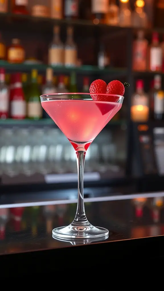 A pink Cupid's Kiss Martini garnished with heart-shaped raspberries, sitting on a bar counter.
