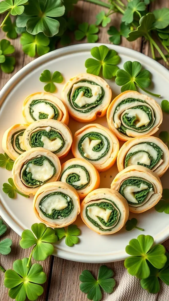 A plate of spinach and cheese pinwheels surrounded by clovers, perfect for St. Patrick's Day.