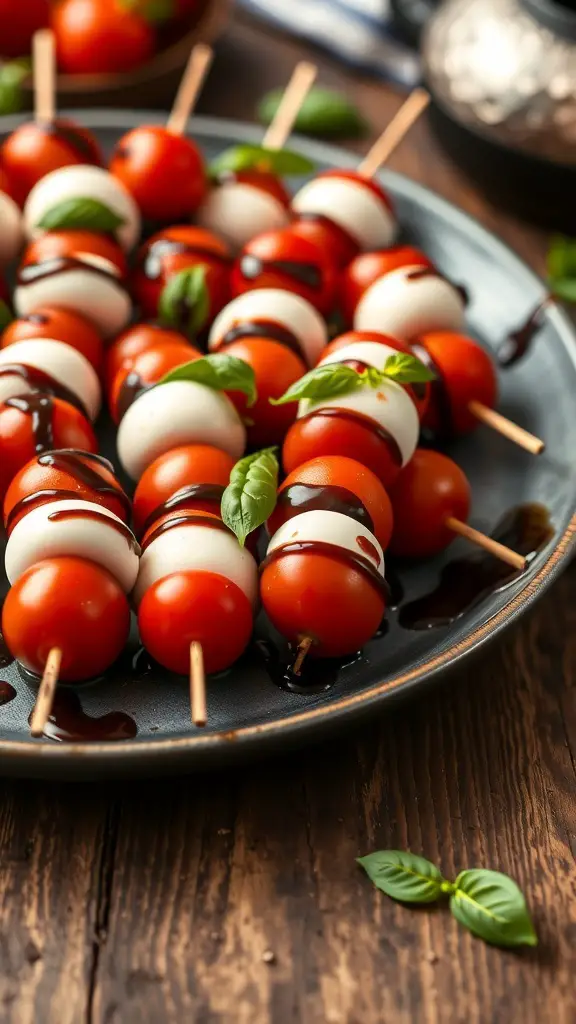 Mini Caprese skewers with cherry tomatoes, mozzarella balls, and basil drizzled with balsamic glaze on a plate.