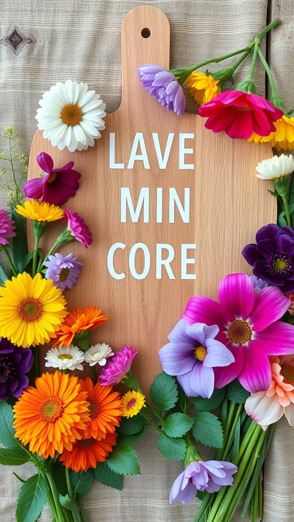 A wooden board decorated with colorful flowers, showcasing a vibrant Easter grazing board.