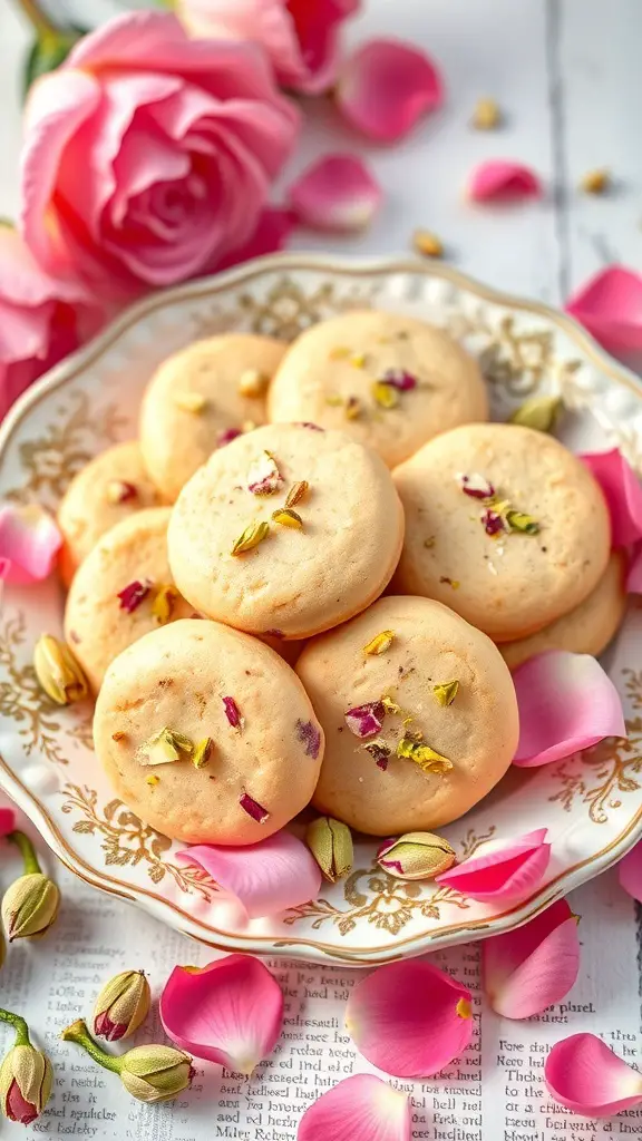 A plate of pistachio and rosewater cookies decorated with rose petals and pistachios.