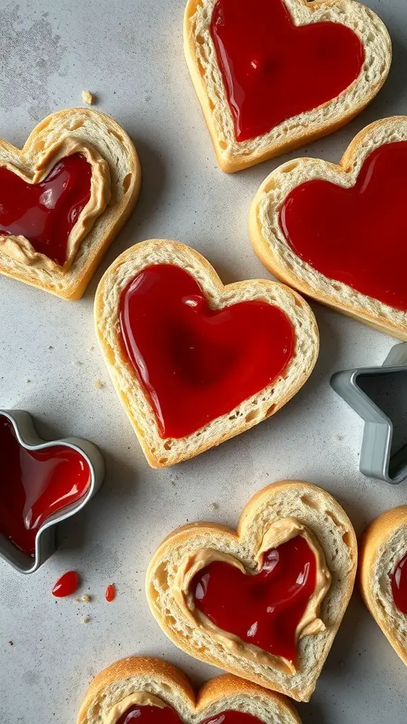Heart-shaped peanut butter and jelly sandwiches