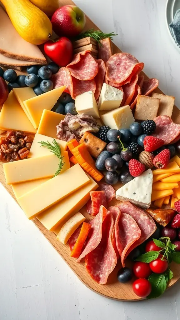 A beautifully arranged cheese and charcuterie board featuring various cheeses, cured meats, fresh fruits, and nuts.