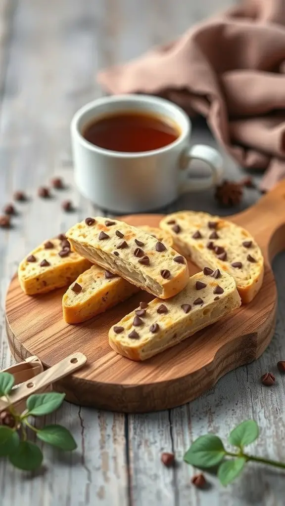 Irish Cream Biscotti on a wooden board with a cup of coffee