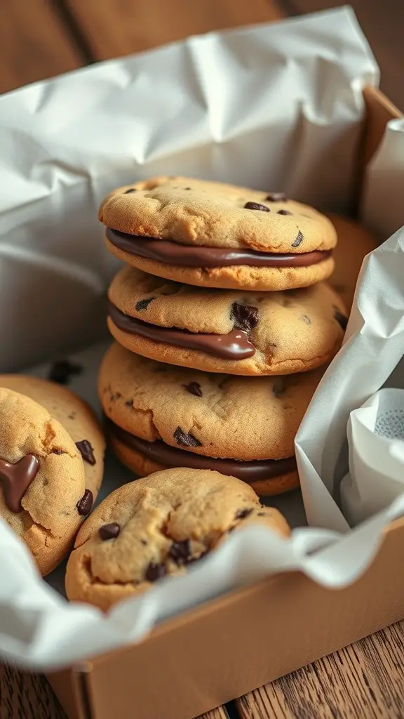 A box of freshly baked Nutella stuffed cookies with chocolate chips