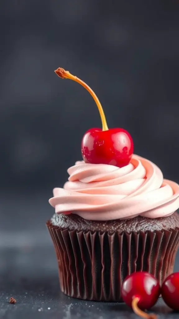 Chocolate cupcake with pink frosting and a cherry on top