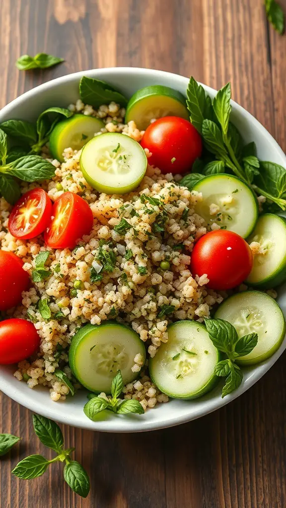 A bowl of herbed quinoa salad with cucumbers and cherry tomatoes.