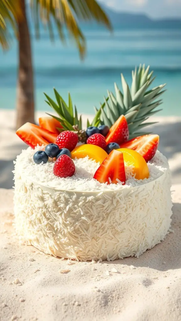 A coconut cream cake decorated with fresh fruits, set against a beach backdrop.