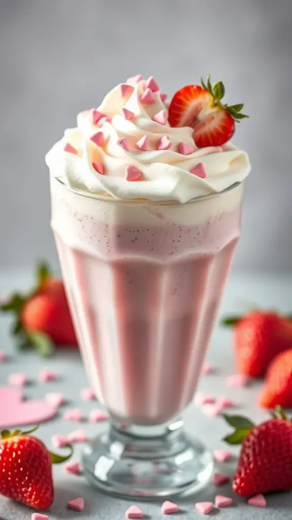 A pink strawberry milkshake topped with whipped cream and heart-shaped sprinkles, surrounded by fresh strawberries.