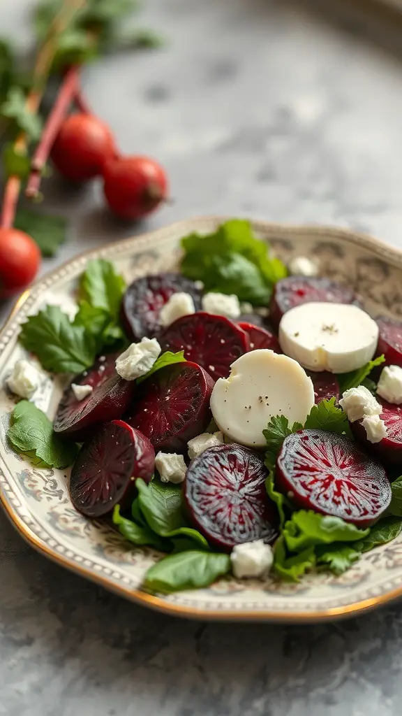 A plate of roasted beet and goat cheese salad with greens and tomatoes in the background.