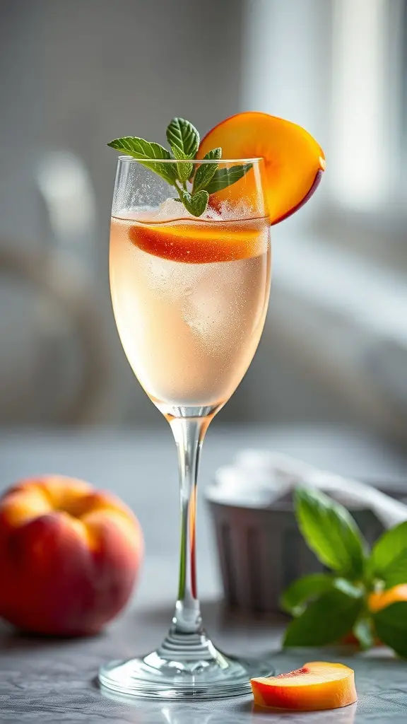 A refreshing Peach Bellini cocktail garnished with a peach slice and mint leaves.