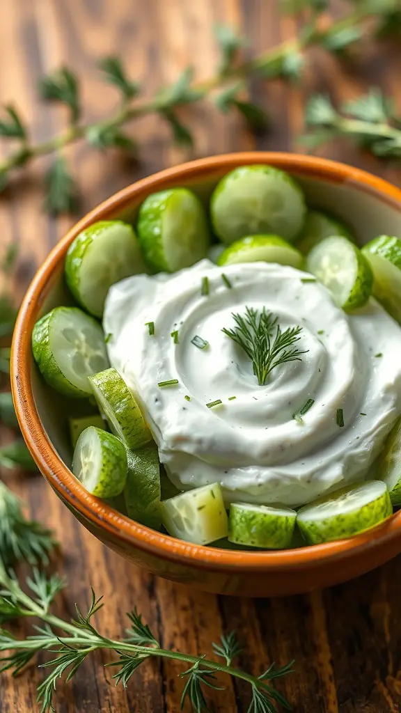 A bowl of chilled cucumber and yogurt salad with fresh herbs.