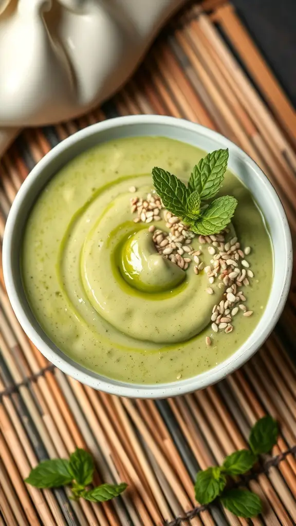 A bowl of matcha green tea pudding topped with mint leaves and sesame seeds on a bamboo mat.