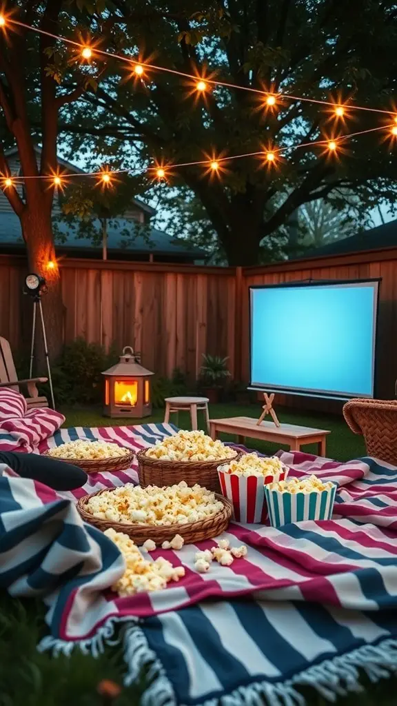 Cozy outdoor movie setup with blankets, popcorn, and string lights.