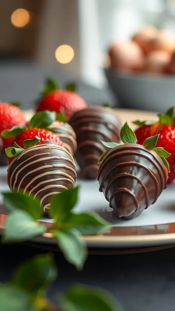 A plate of chocolate-covered strawberries, some drizzled with white chocolate, surrounded by fresh strawberries and green leaves.