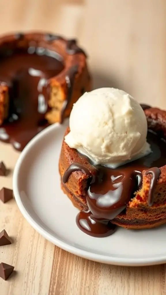 A molten lava cake topped with vanilla ice cream and drizzled with chocolate sauce
