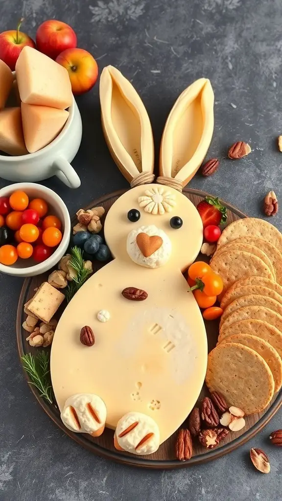 A creative Easter Bunny cheese platter with cheese shaped like a bunny, surrounded by fruits, nuts, and crackers.
