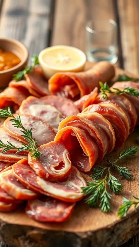 A selection of prosciutto and salami arranged on a wooden board with herbs and dipping sauces.