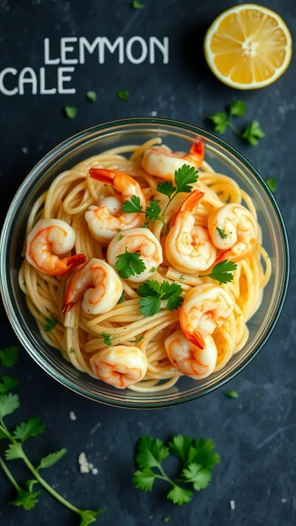 A bowl of lemon and shrimp pasta salad garnished with fresh herbs.