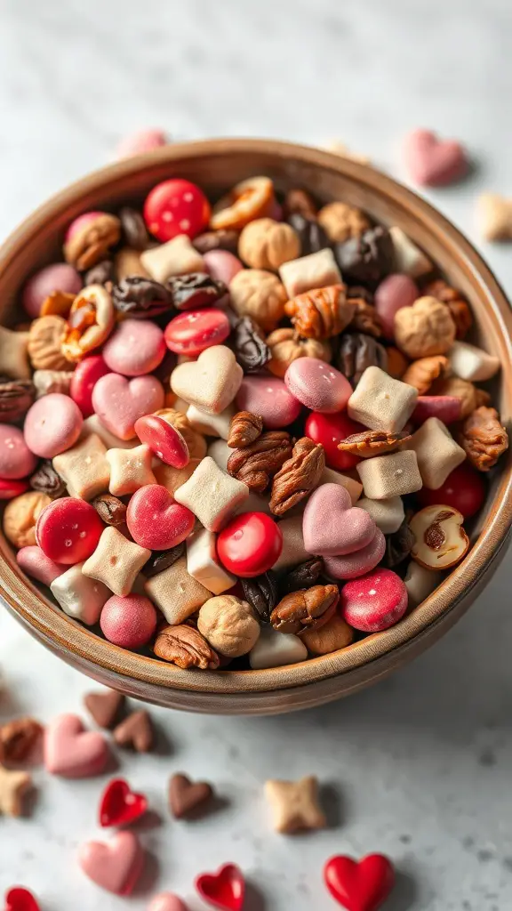 A wooden bowl filled with colorful Valentine's Day trail mix, featuring heart-shaped candies, nuts, and chocolate.