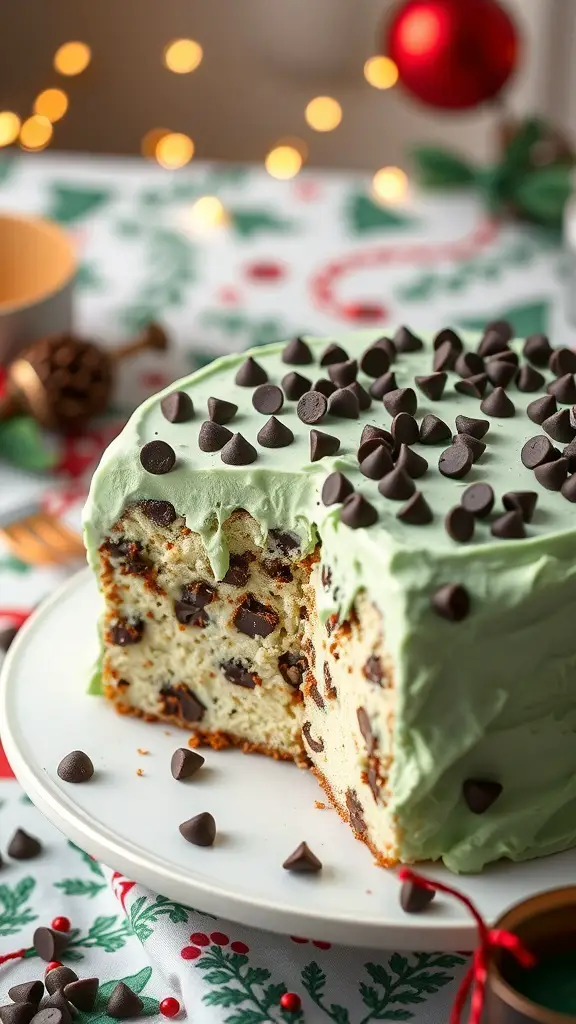 A slice of mint chocolate chip poke cake with green frosting and chocolate chips on top.