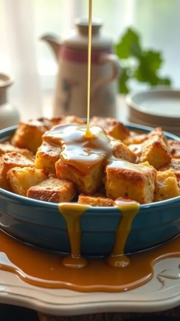 A bowl of Irish soda bread pudding drizzled with caramel sauce.